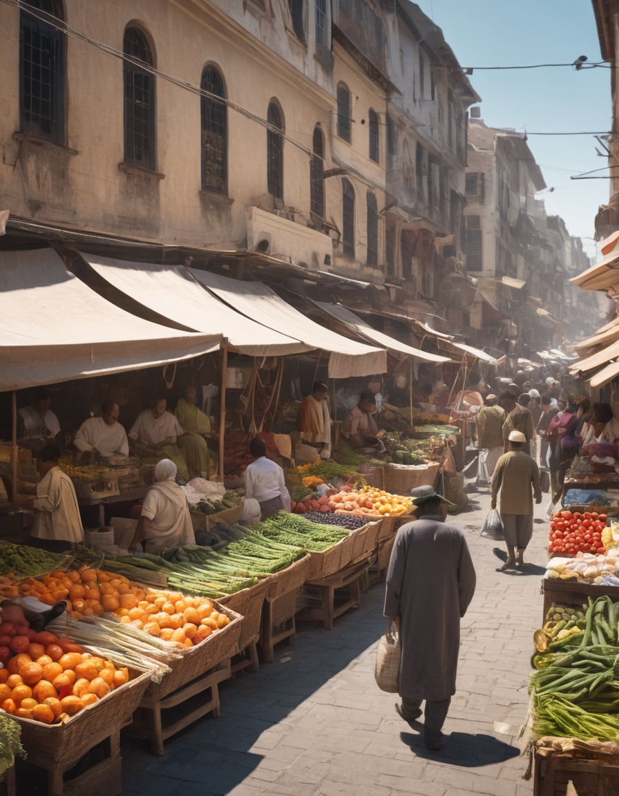 market, street, vendors, fresh produce, handmade goods, modern city, city