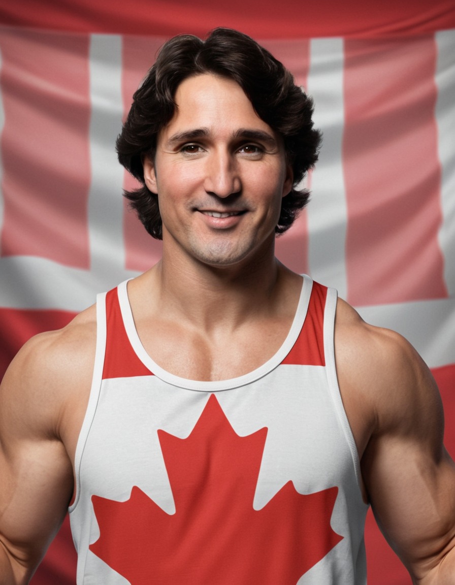 justin trudeau, canadian flag, tank top, muscles, political satire