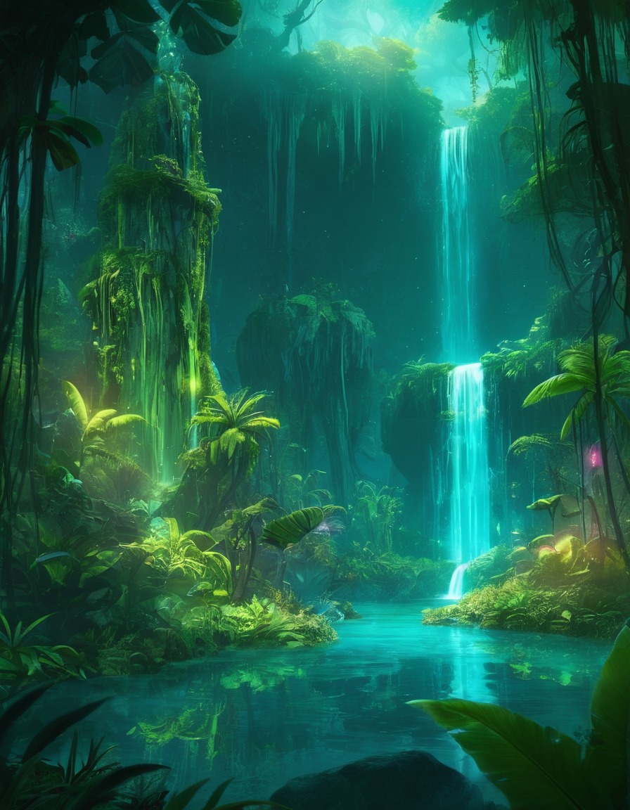 jungle, waterfalls, bioluminescent, exotic creatures, lush, fantastic