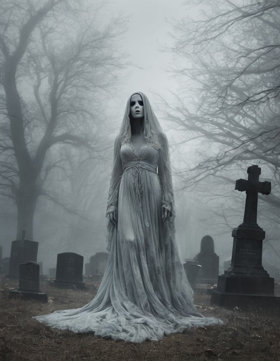 ghost, apparition, misty, graveyard, tattered gown, gothic, underground, dark