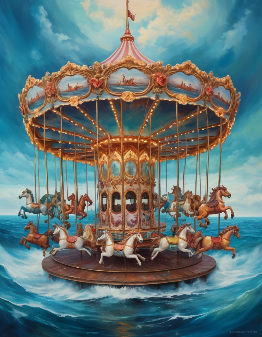 carousel, ocean, amusement park, surrealism, surreal