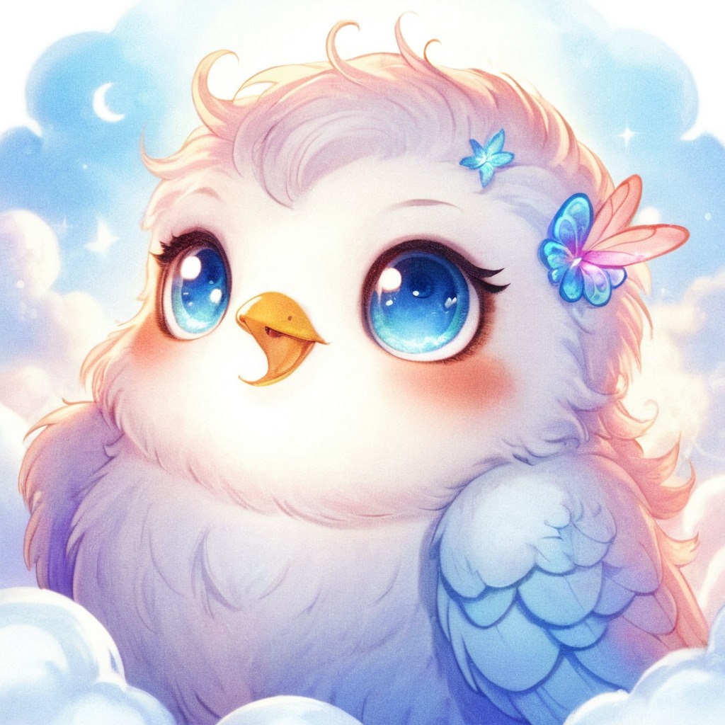 digitalart, digitalpainting, bird, fluffy, anime, cartoon, fanart, characterdesign, originalcharacter, magic, animal, adorable, cute, dove, kawaii, pastelcolors, aiart, aiartwork, aiartcommunity, aiartgenerator