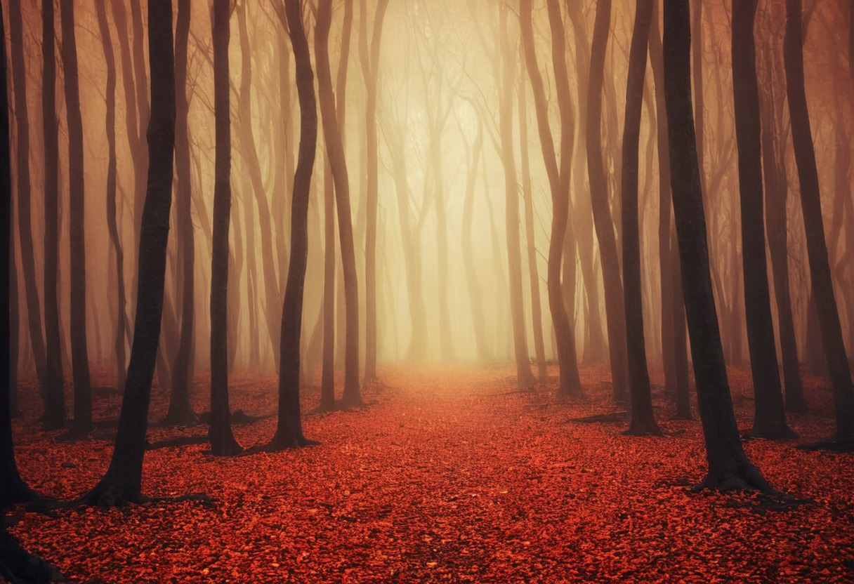 autumn, fall, fog, forest, landscape, light, mist, nature, outdoor, trees, woods