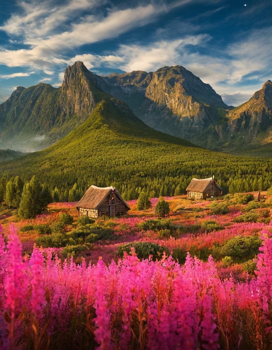 poland, landscape, mountain, cottage, pink flowers, wild flowers, path, nature, flowers, beautiful, petitworld favs