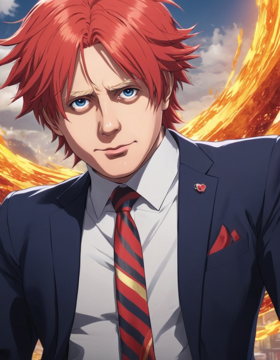 anime, protagonist, boris johnson, uk prime minister, charismatic, vibrant hair, dynamic pose, politics