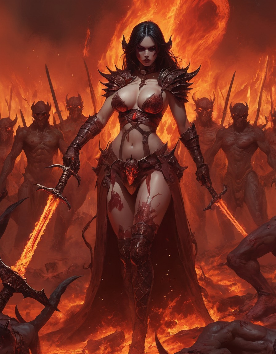 demonesse, flaming sword, army of fiends, hell landscape, demon, sexy, nsfw	