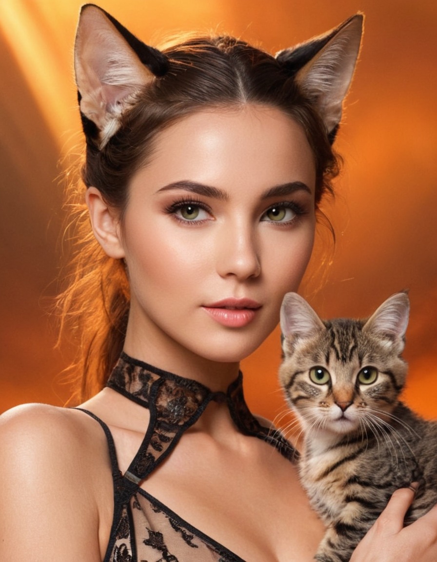 tail, mutated woman, mutations, feline features, female, ai, cat ears, digitalart, cat-like eyes, woman, aiart