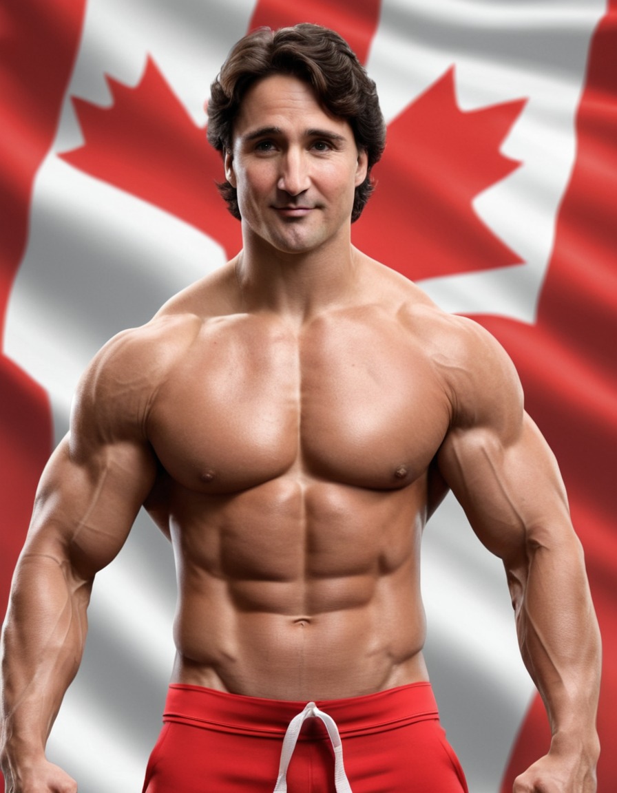 justin trudeau, bodybuilder, confident, canadian, flag-themed, weightlifting, stage