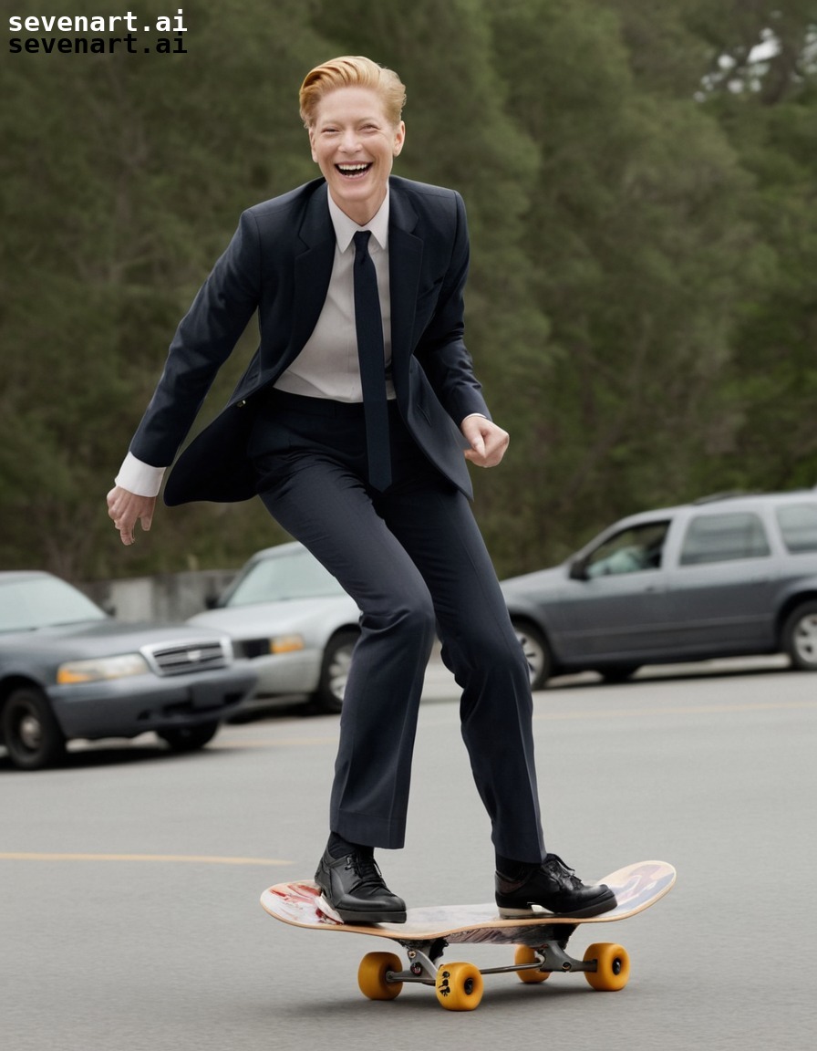 tilda swinton, skateboarding, suit, smiling, fun, actress, movies, movie stars