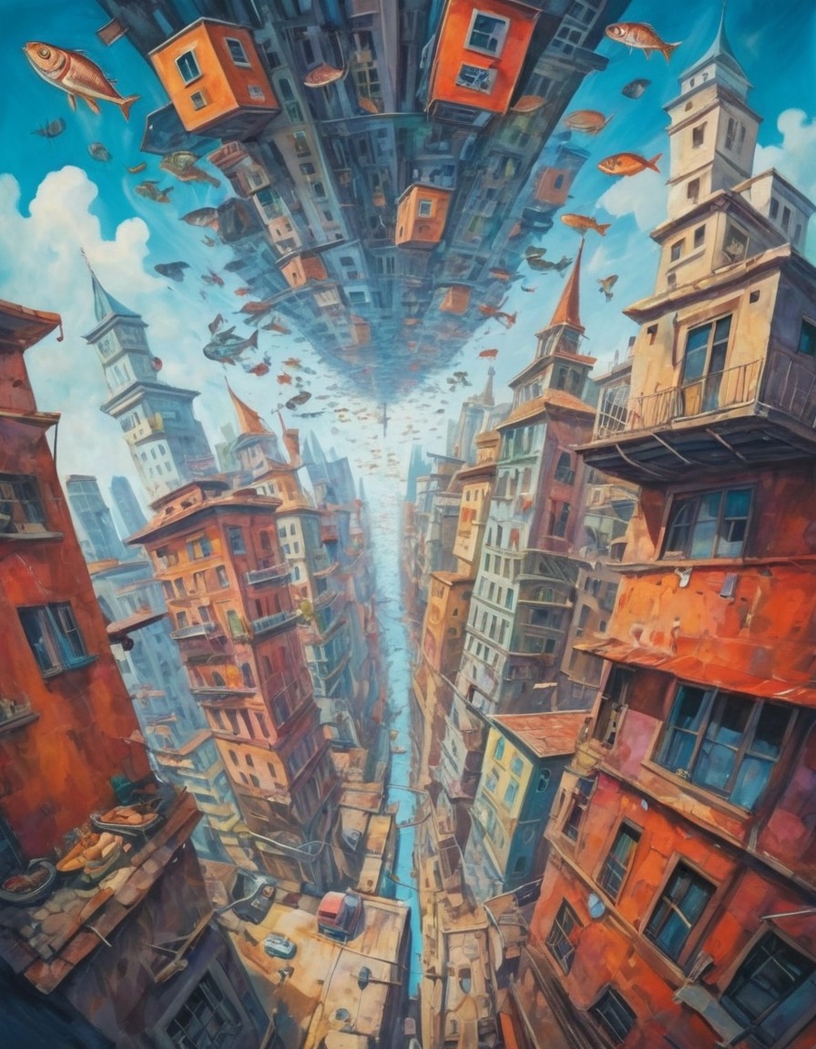 surreal, cityscape, flying fish, fantasy