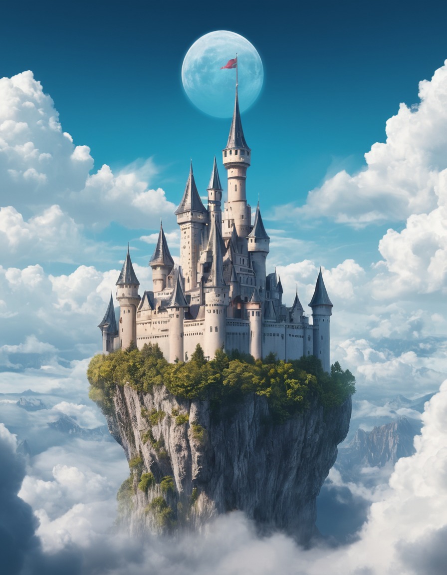 fantasy, castle, clouds, magical beings, floating, fantastic