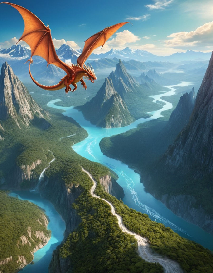 dragon, landscape, mountains, rivers, fantastic