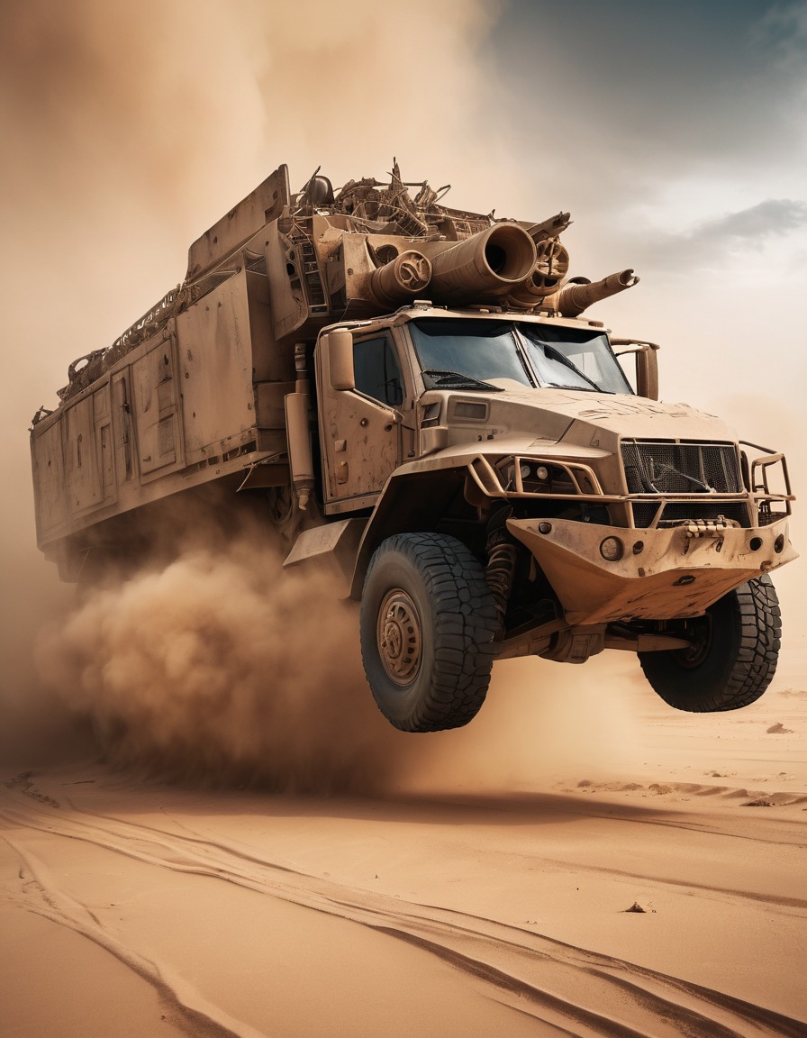 sandstorm, war rig, action, debris, mad max