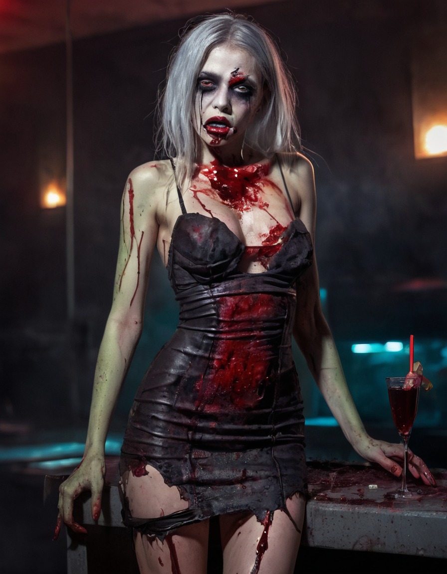 zombie, cocktail dress, seductive, blood-stained, horror, nsfw