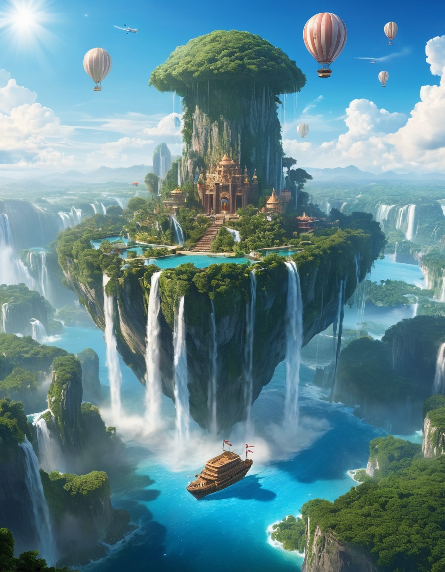 floating island, sky, waterfalls, gardens, airships, fantasy landscape, fantastic