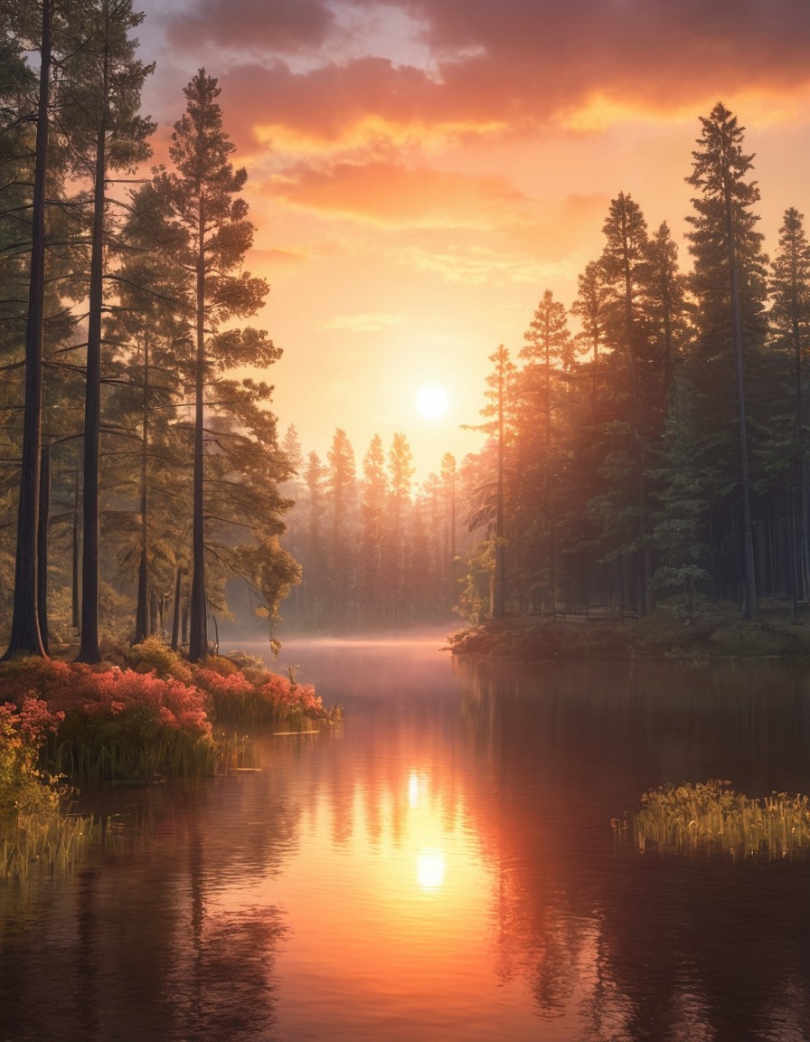 nature, sunrise, lake, pine trees, tranquility