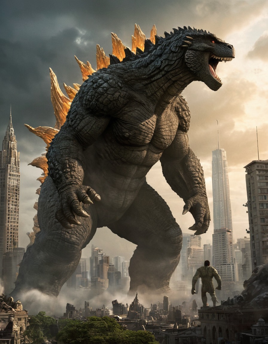 godzilla, king kong, destruction, cityscape, monster, battle, skyscrapers, kong