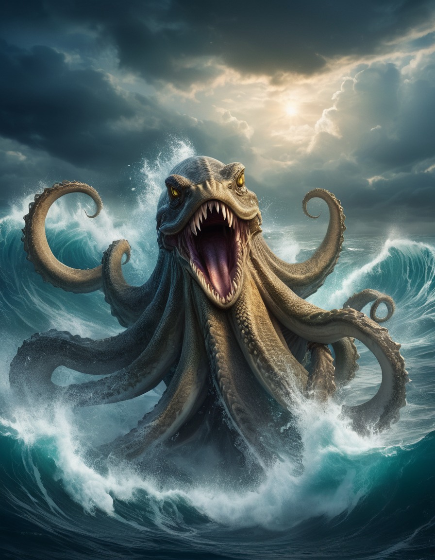 fantasy, mythical creature, kraken, ocean, stormy sky, waves