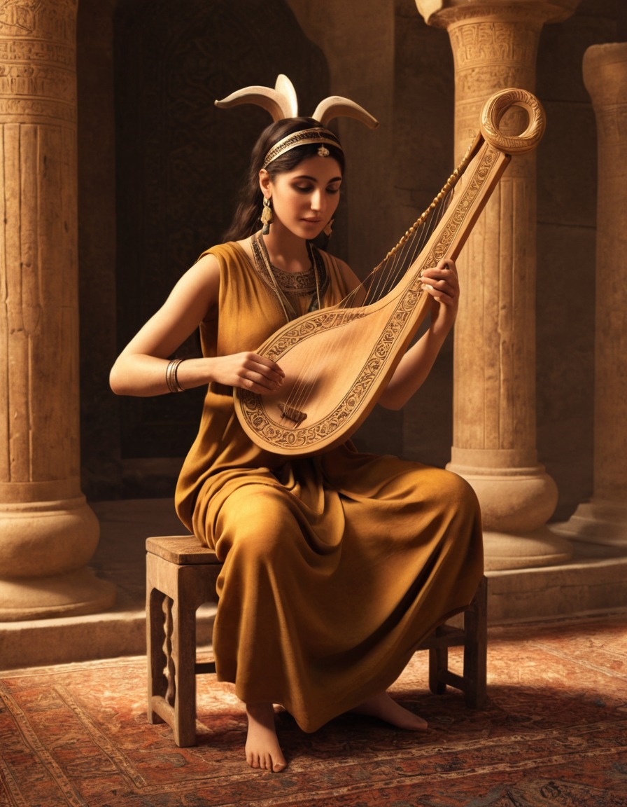 ancient musician, lyre, small gathering, ancient persia, 600 bc