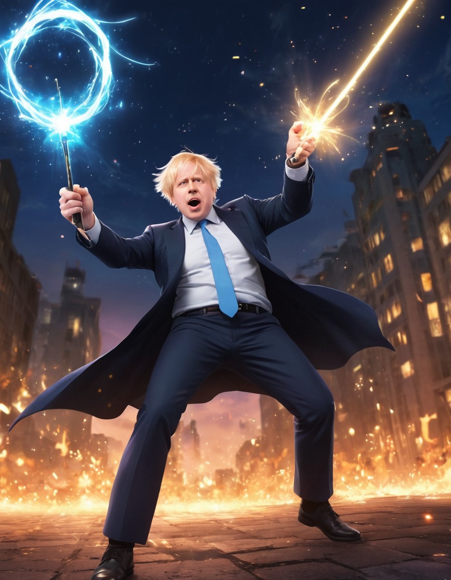 boris johnson, anime, character, battle pose, magical wand, politics