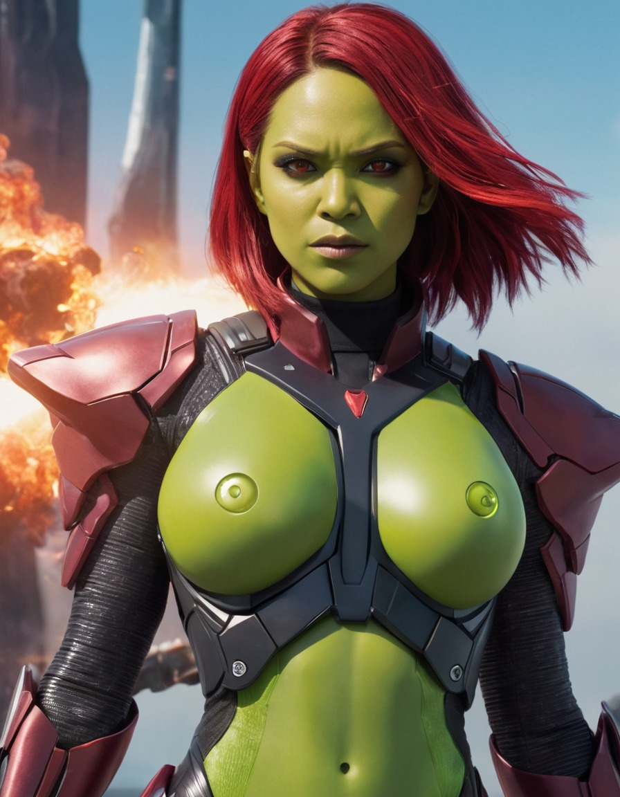 gamora, superhero, futuristic, alien technology, armor, advanced weaponry, anime, marvel