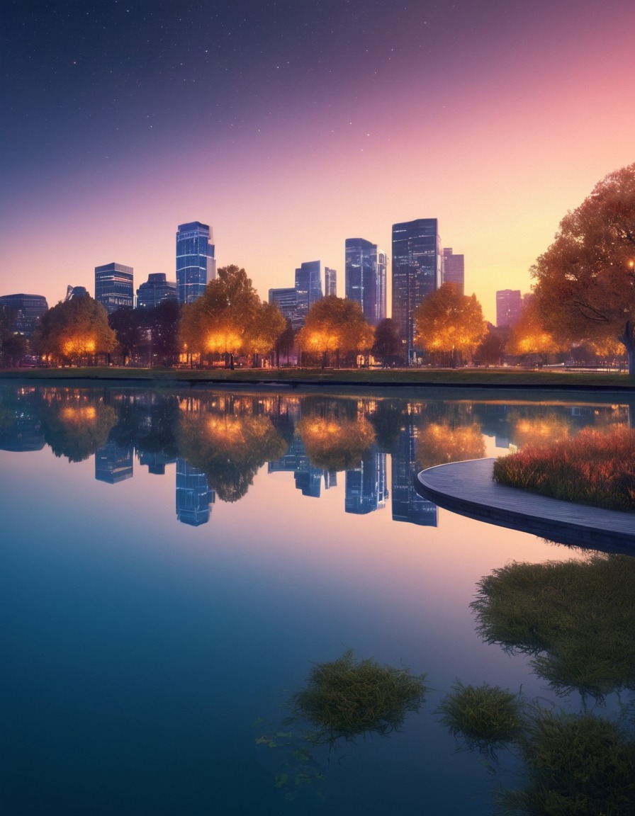 city lights, urban landscape, tranquil lake, reflective water, nature, city