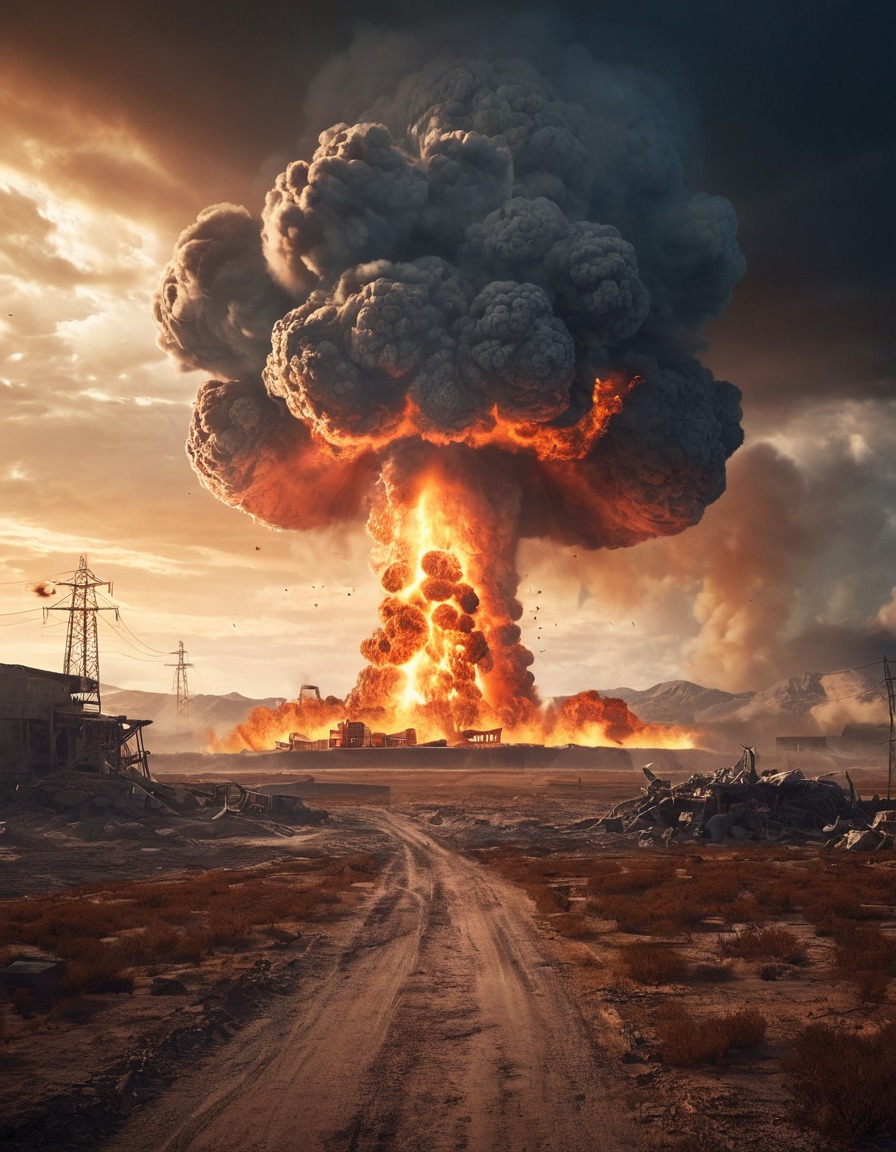 nuclear explosion, flames, smoke, surrealism, destruction, nuclear, weapon, explosion