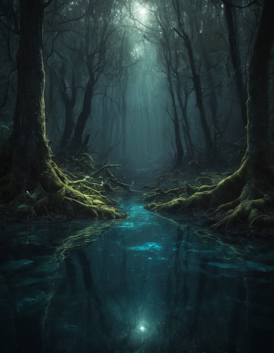 mystical, water, forest, hidden, clearing