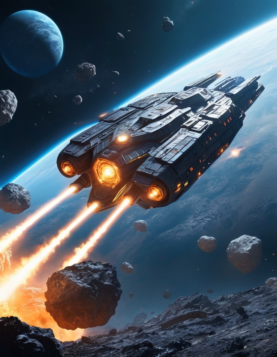 space, spacecraft, asteroid field, highspeed chase, fleet, space scene