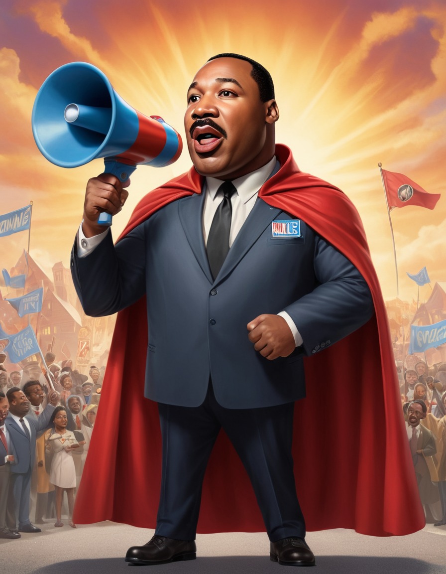 martin luther king jr., superhero, caricature, oversized cape, megaphone, funny