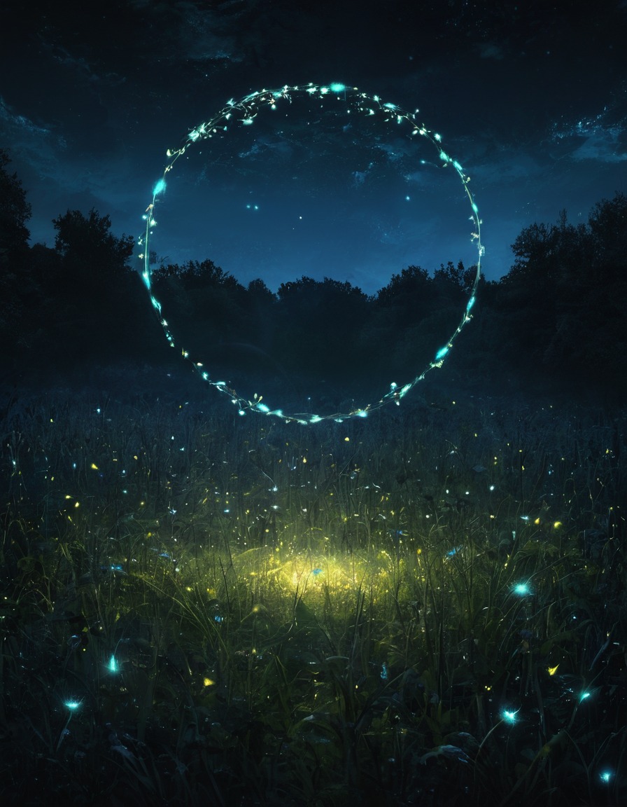 mystical, glowing fireflies, moonlit, meadow, circle, dancing, moon