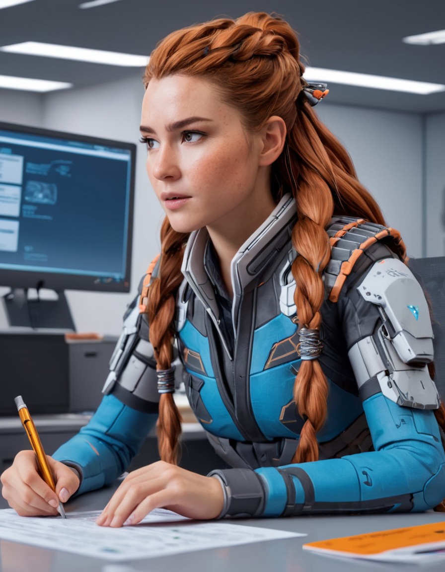 office, paperwork, modern, horizon zero dawn, aloy, games, girls from games