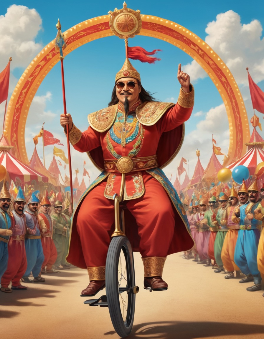 genghis khan, caricature, sunglasses, unicycle, circus parade, funny