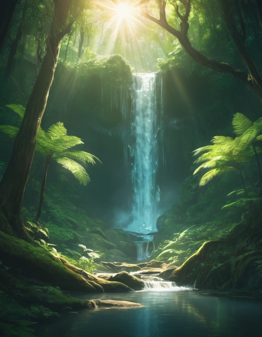 nature, lush, forest, waterfall, sunlight