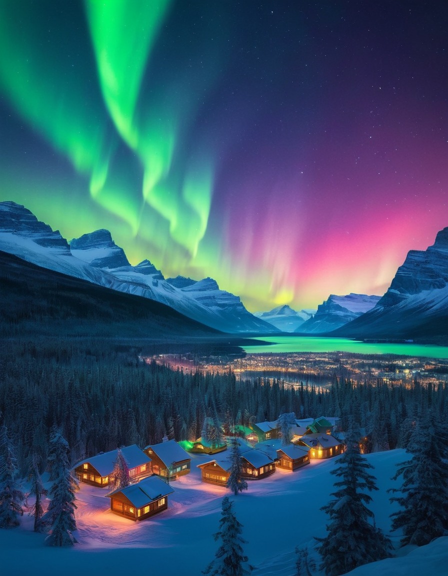 cityscape, skyline, night, northern lights, aurora borealis, forest, nature, city