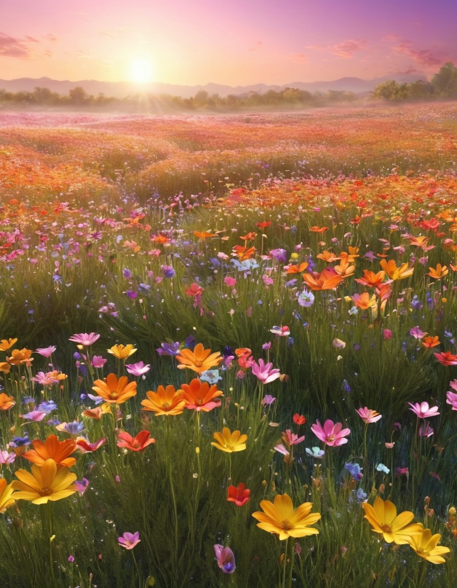 shimmering flowers, color-changing, fantasy, nature, magical, wind, scenery