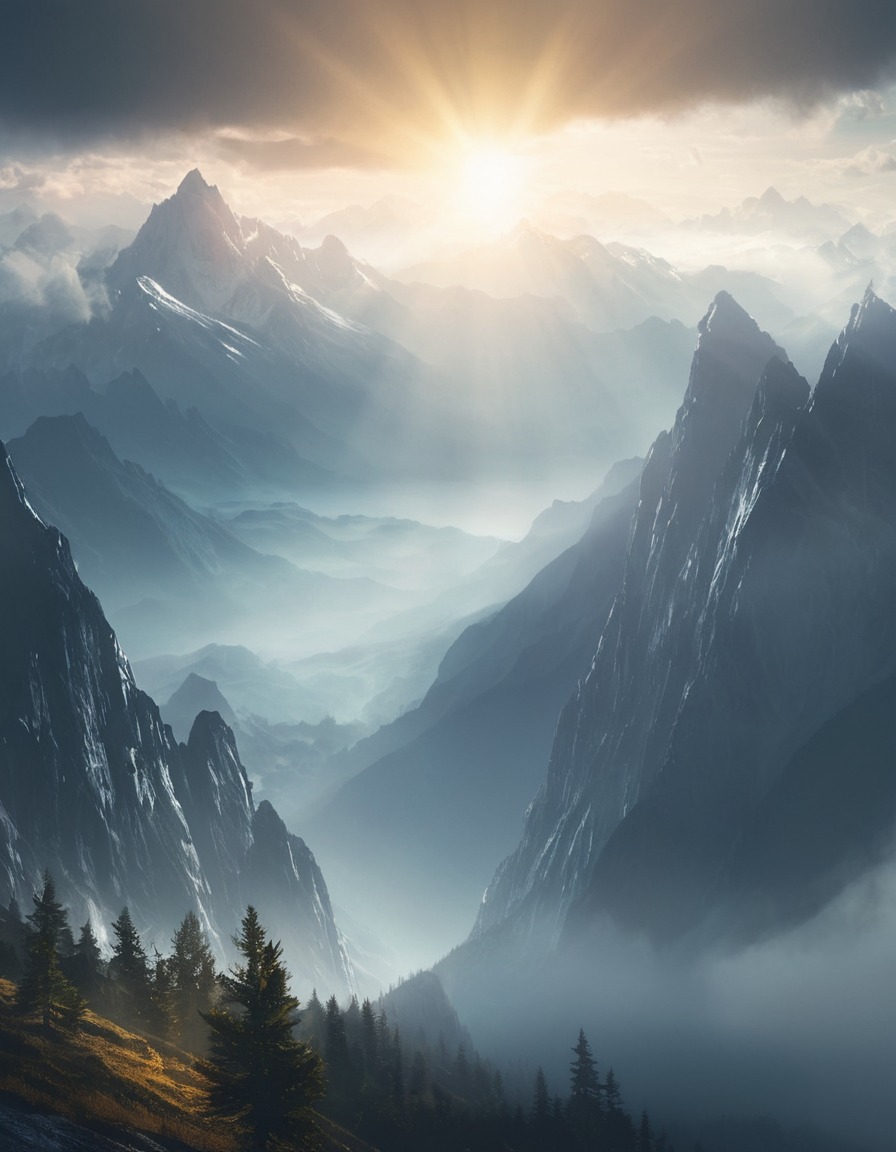 mountain, mist, sunlight, serene, nature