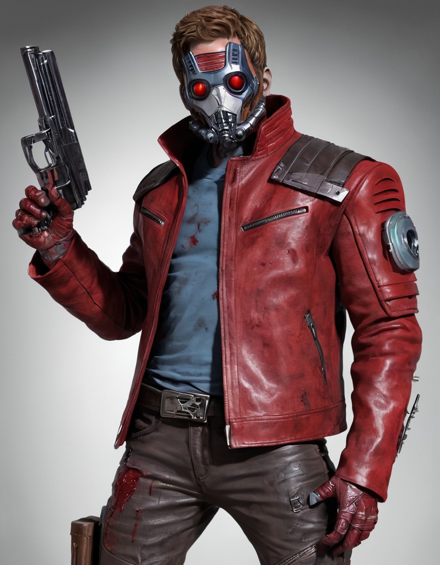 star-lord, guardians of the galaxy, zombie, red leather jacket, blaster, marvel