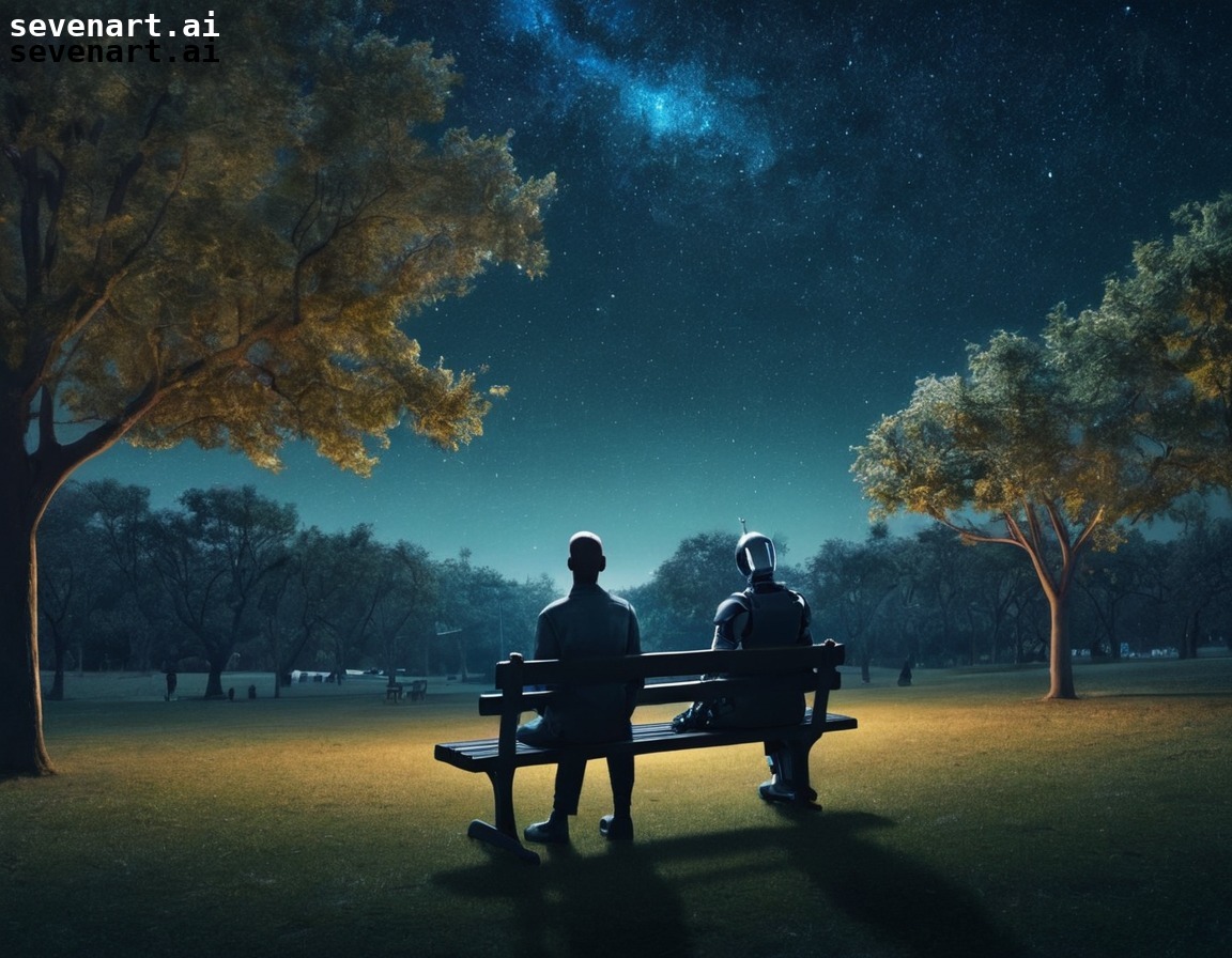 robot, human, conversation, park bench, starry night sky, robots