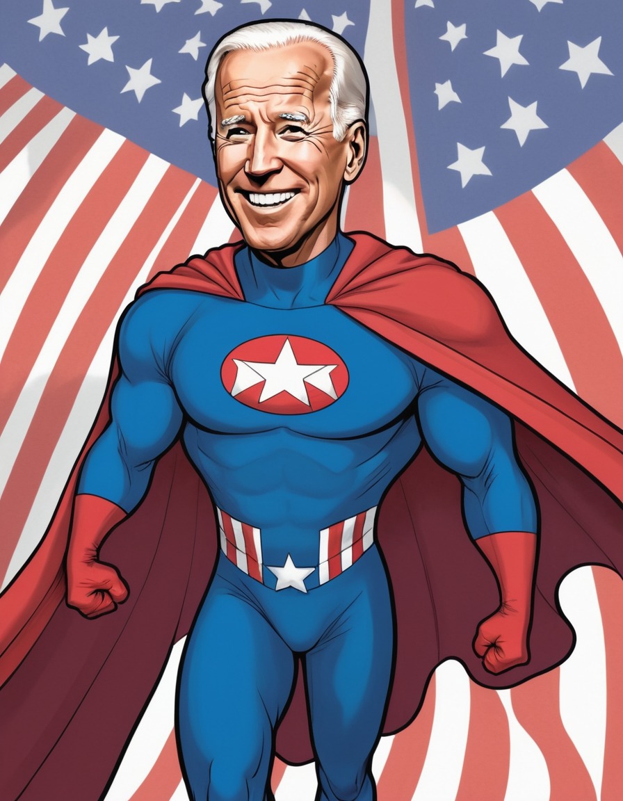 art, parody, joe biden, superhero, american flag, whimsical, politics