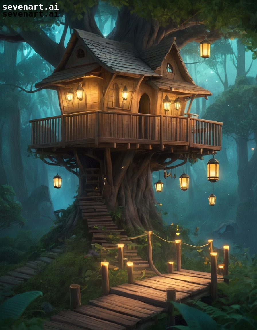 treehouse, forest, lanterns, wooden bridge, nature, house, home