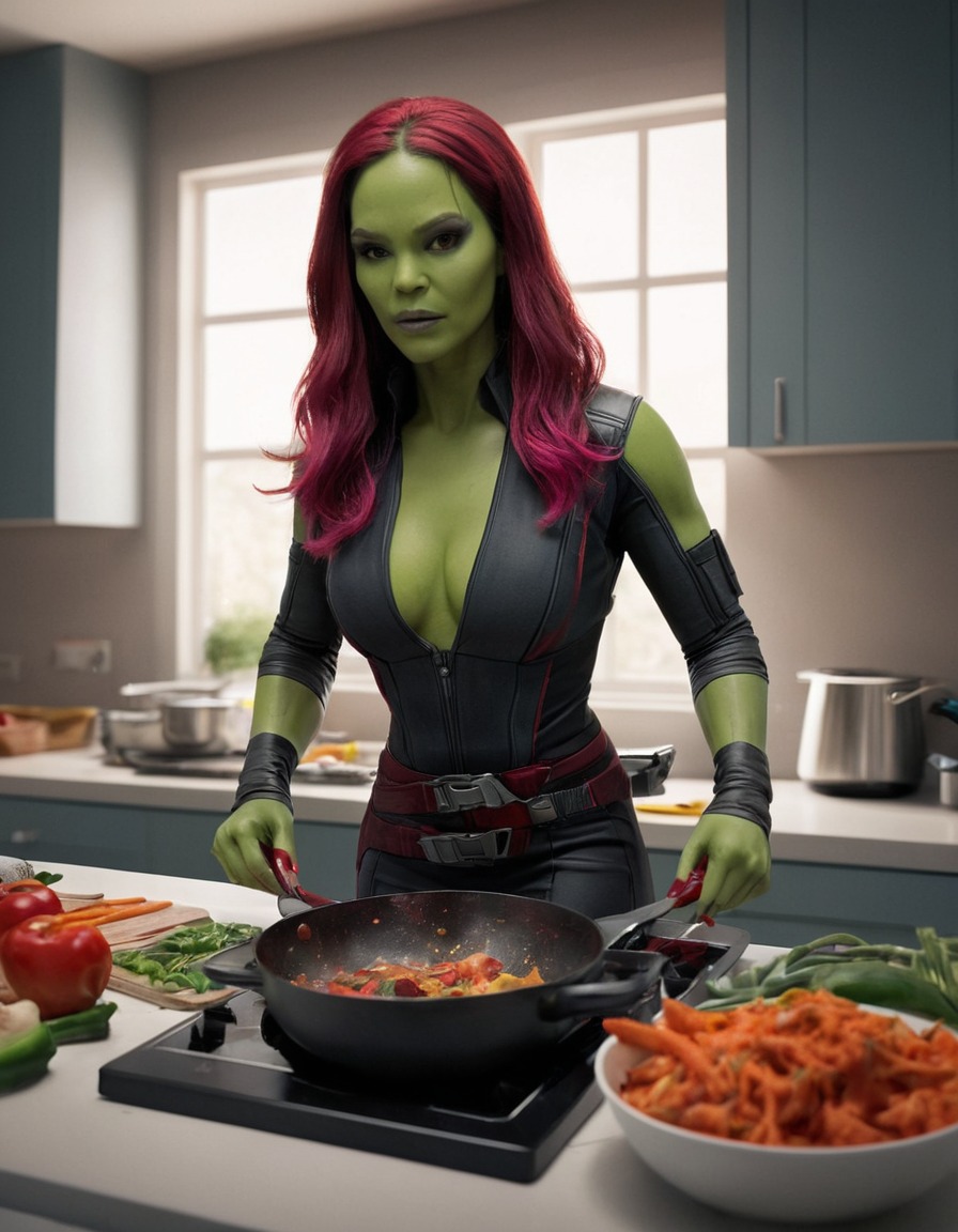 gamora, cooking, kitchen, superhero, meal, superheroine, bikini