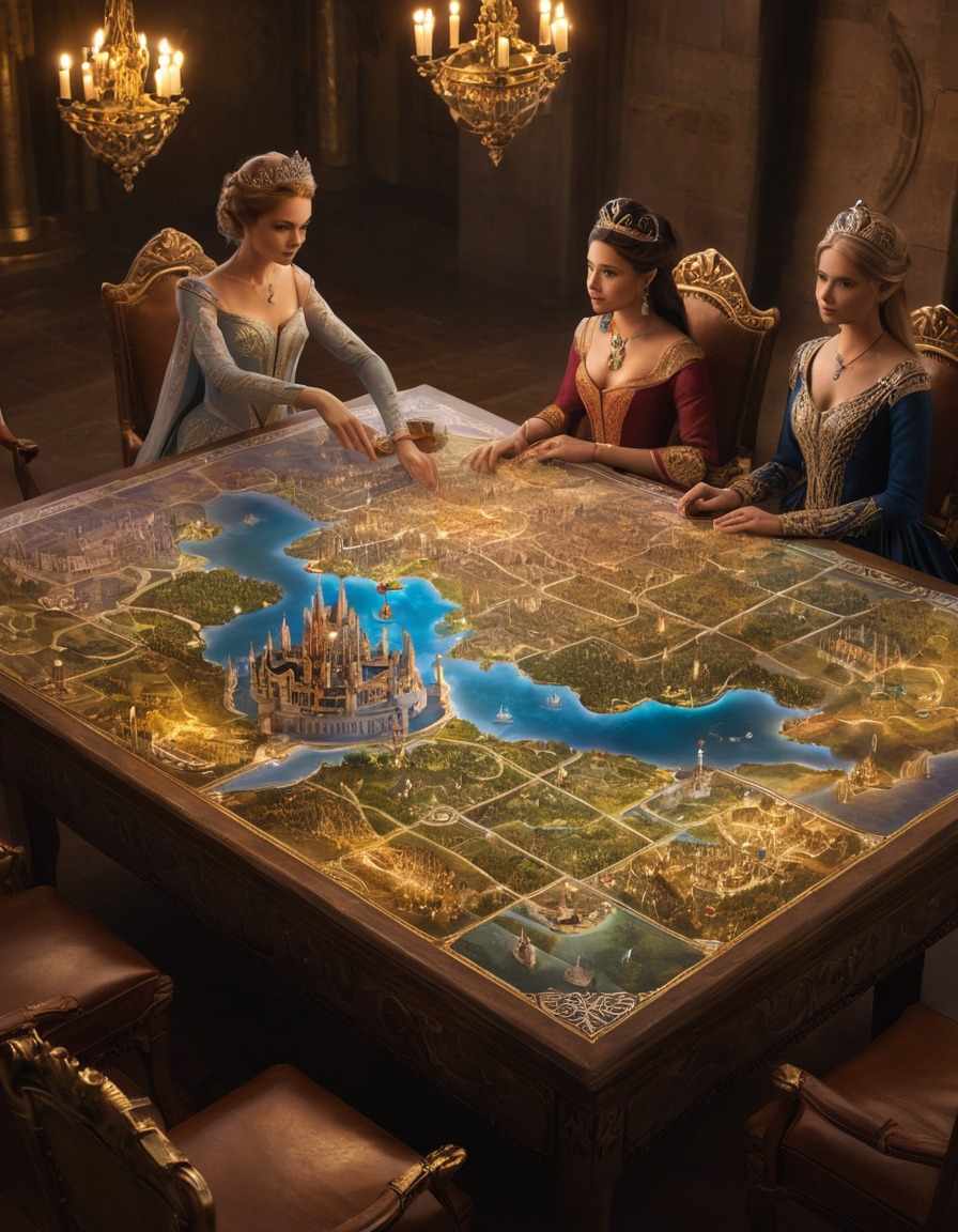 royal court, holographic map, strategy planning, technology, futuristic, leadership, medieval, art