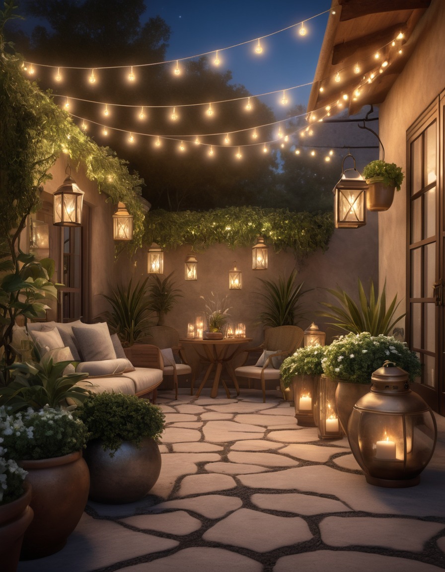 patio, potted plants, lanterns, tranquility, home, interior