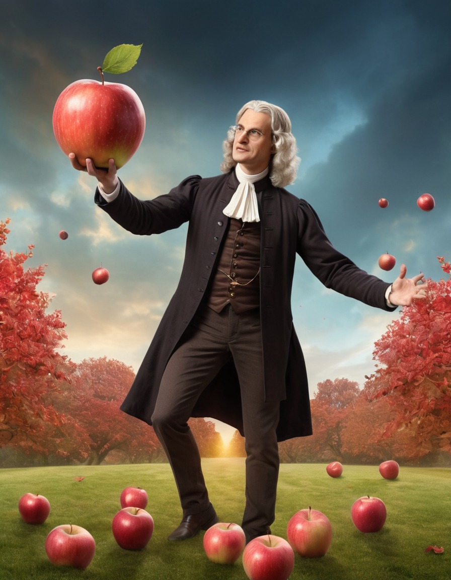 isaac newton, caricature, apple, gravity, physics, funny