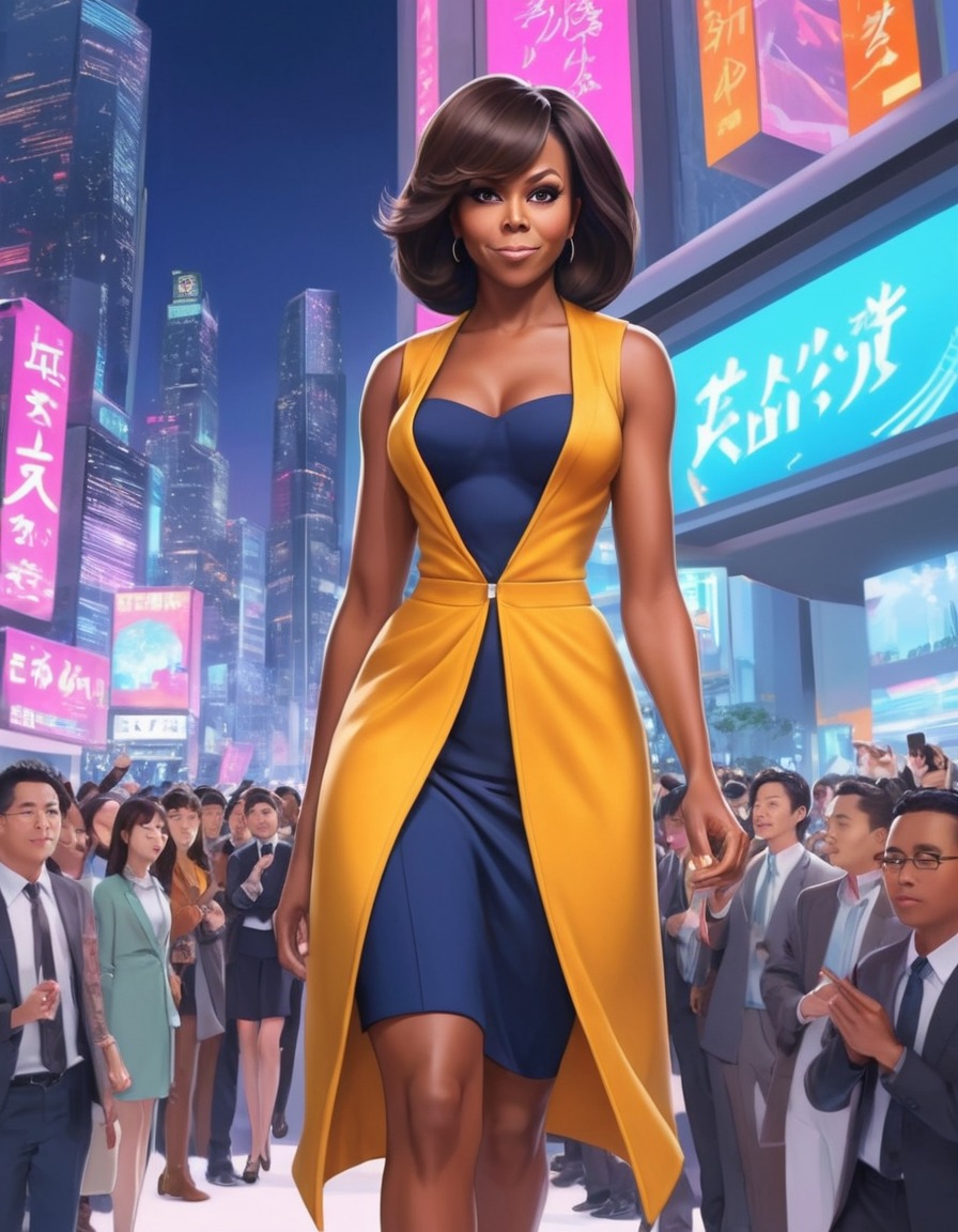 anime, michelle obama, fashion show, futuristic city, manga, illustration, character design, politics