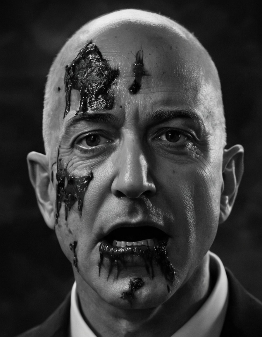 jeff bezos, zombie, portrait, black and white, dramatic, horror, celebrities