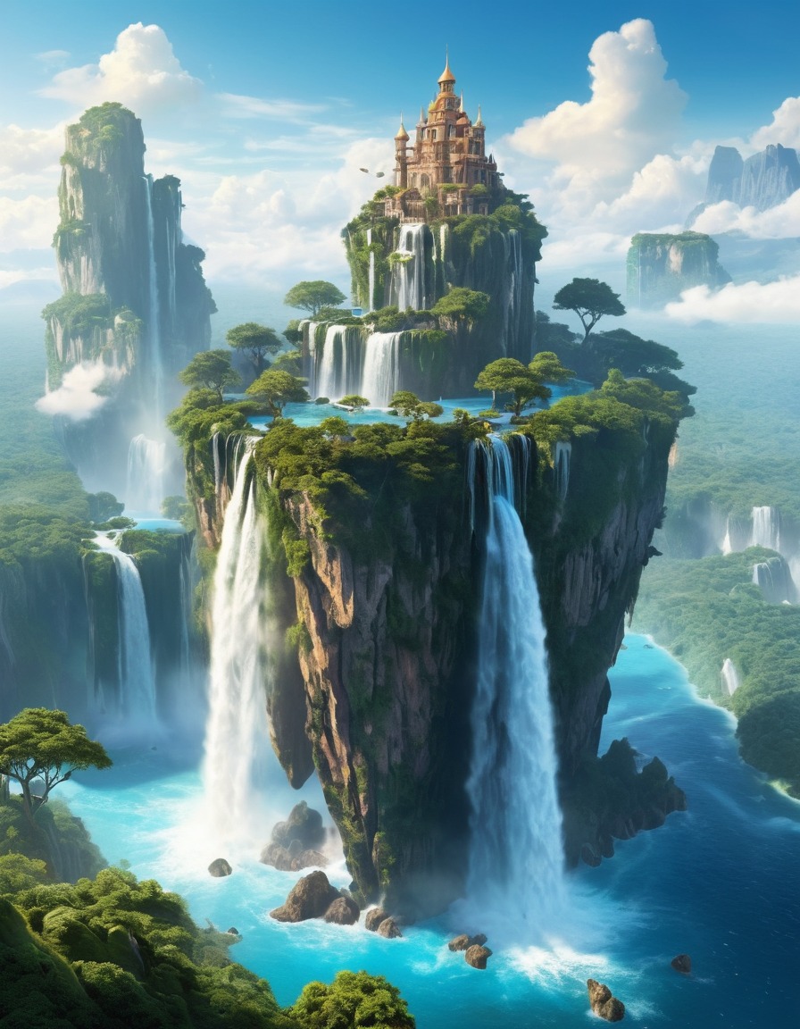 floating island, sky, waterfalls, fantasy, celestial, nature, scenery