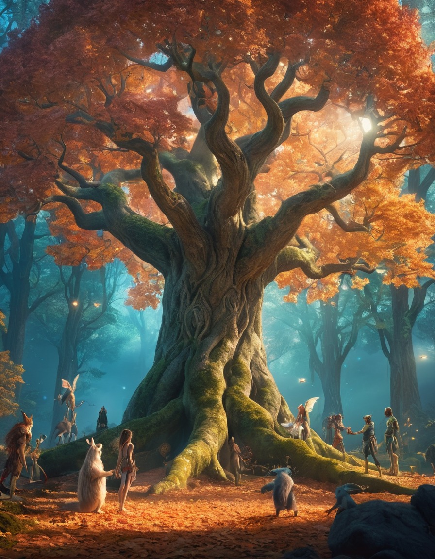 magical forest, mythical creatures, majestic tree, glowing leaves, fantasy, enchanting, nature discovery., fantastic