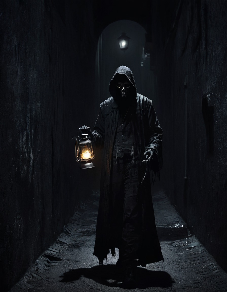 mystery, darkness, shadowy figure, lantern, alleyway, eerie, gothic, underground, dark